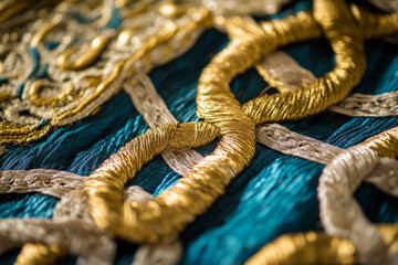 Close-up of handwoven Persian silk texture, intricate knot work with metallic gold accents.