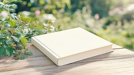 Elegant Book Mockup Resting on Rustic Wooden Table Surrounded by Nature and Soft Natural Light