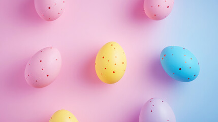 A colorful arrangement of pastel Easter eggs with polka dots on a soft gradient background. The festive design evokes spring, Easter celebration and holiday joy.