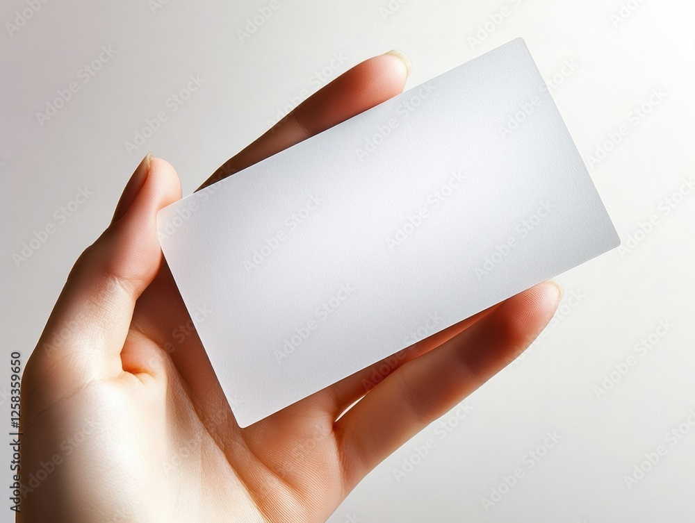 Poster hand holding a blank rectangular card in a soft lit studio environment for mockups or design assets