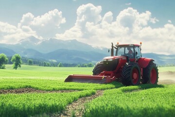 Fototapeta premium advanced tractor tilling a vast green field for planting advanced tractor tilling a vast green field for planting