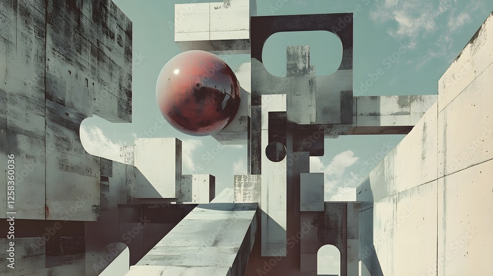 Poster abstract concrete geometric structure with red sphere
