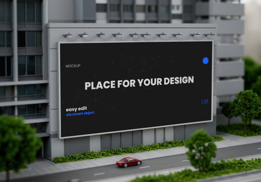 Giant Horizontal Billboard on Building Mockup in Miniature Effect
