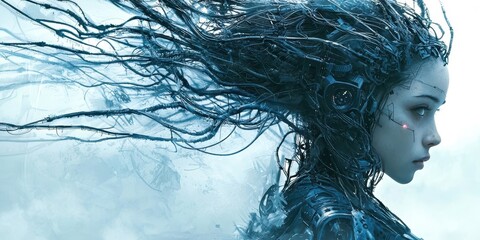 Fototapeta premium Woman with long blue hair and a face with a metallic look