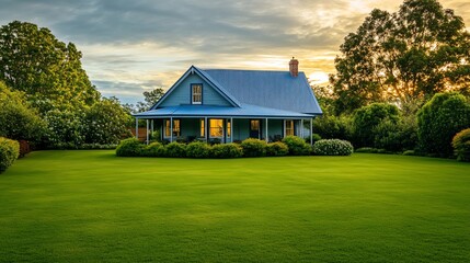 Serene blue house on a sprawling green lawn at sunset.