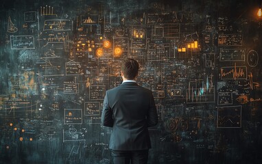 A businessman in formal attire analyzing a blackboard covered with a startup plan sketch, futuristic elements, and bold design, cinematic lighting