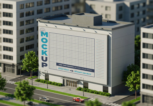 Giant Horizontal Billboard on Building Mockup in Miniature Tilt Shift Effect