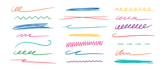 Vector set of hand-drawn doodle brush elements. Colored line sketches, underlines, marker strokes and emphasis for design.