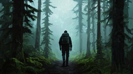 Fototapeta premium Sole Adventurer Walking Through a Misty Forest Pathway
