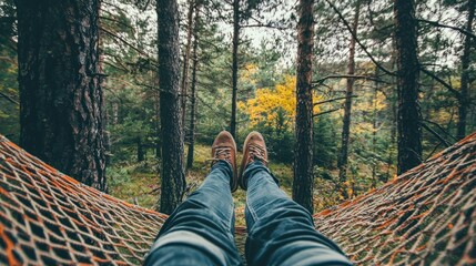 Fototapeta premium Relaxed feet in a hammock amongst trees.