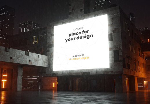 Giant Horizontal Illuminated Sign Brutalism Style Mockup at night
