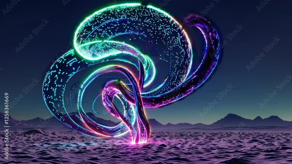Poster colorful abstract sculpture on a desert landscape during twilight with glowing lights and vibrant pa