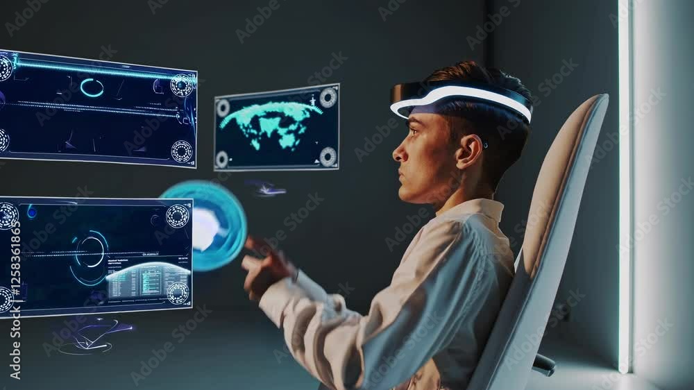 Poster exploring the future of technology with virtual reality and advanced interactive interfaces