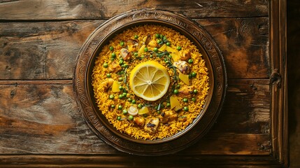 Obraz premium Overhead view of saffron rice dish with chicken, peas, and lemon.