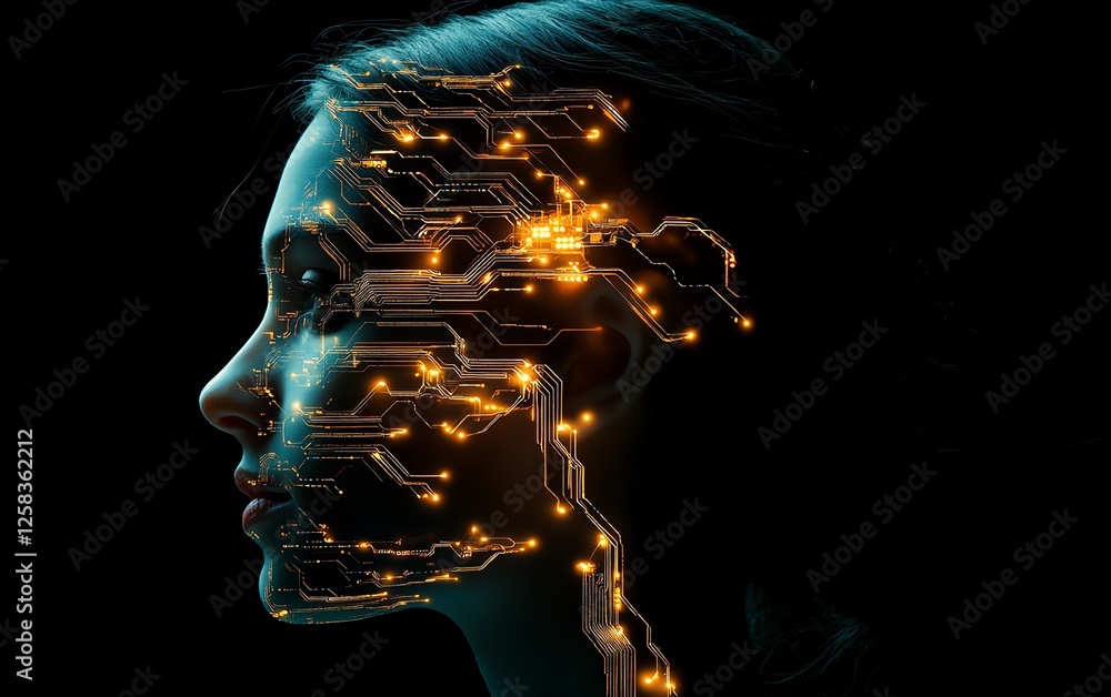 Poster a closeup of a womans profile with circuits glowing within her brain, representing artificial intell