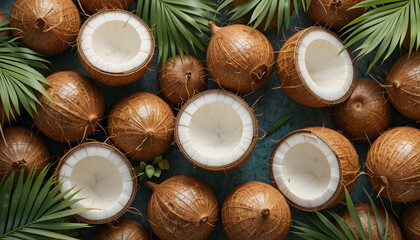 Pile of coconut shell and fruit. Top shot of coconut fruit for summer holiday