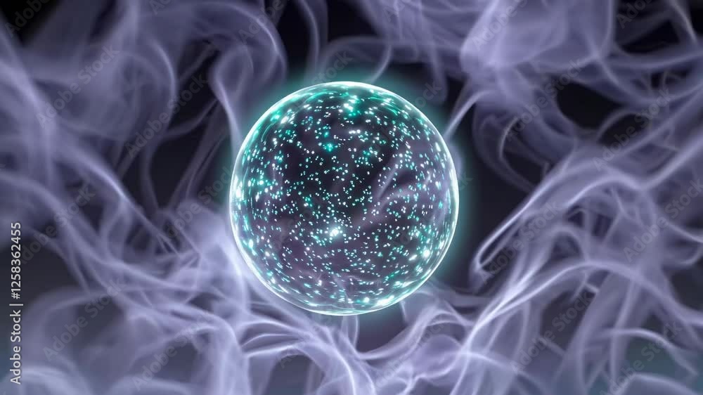 Poster mysterious glowing sphere surrounded by swirling mist in a dark environment