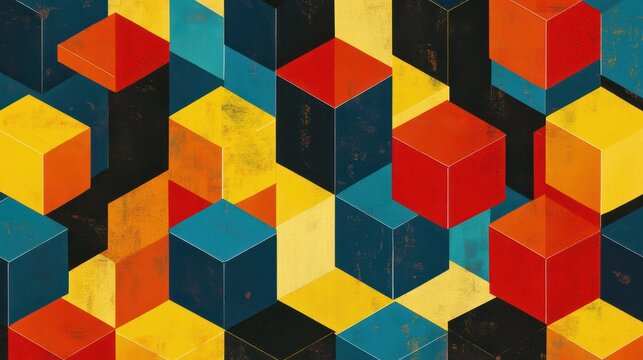 Bold Cubist Ensemble, A Vibrant Geometric Abstraction with Depth