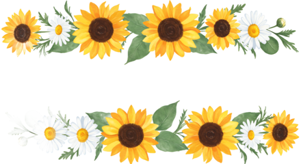 4K Top View Organic Watercolor Sunflowers and Daisies Floral Border