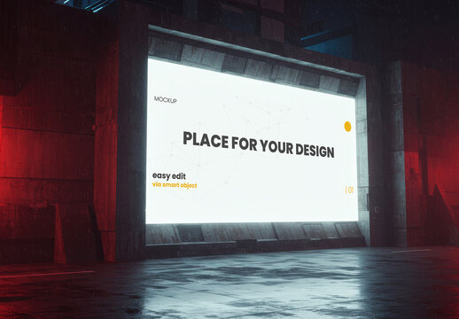Giant Illuminated Horizontal Sign Brutalism Style Mockup