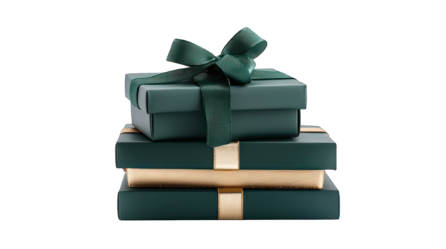 stack green gift box with gold and green ribbon isolated on white background