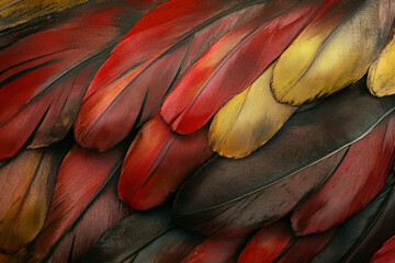 Obraz premium Close-up of parrot feathers, showcasing bright red, yellow, and green overlapping textures with a smooth and silky appearance.