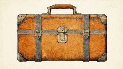 A vintage brown suitcase with a wooden handle. The suitcase is old and worn, with a brown leather strap. The suitcase is sitting on a white background
