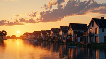 Fototapeta premium Serene Sunset Over Reflected Houses by Calm Water Body