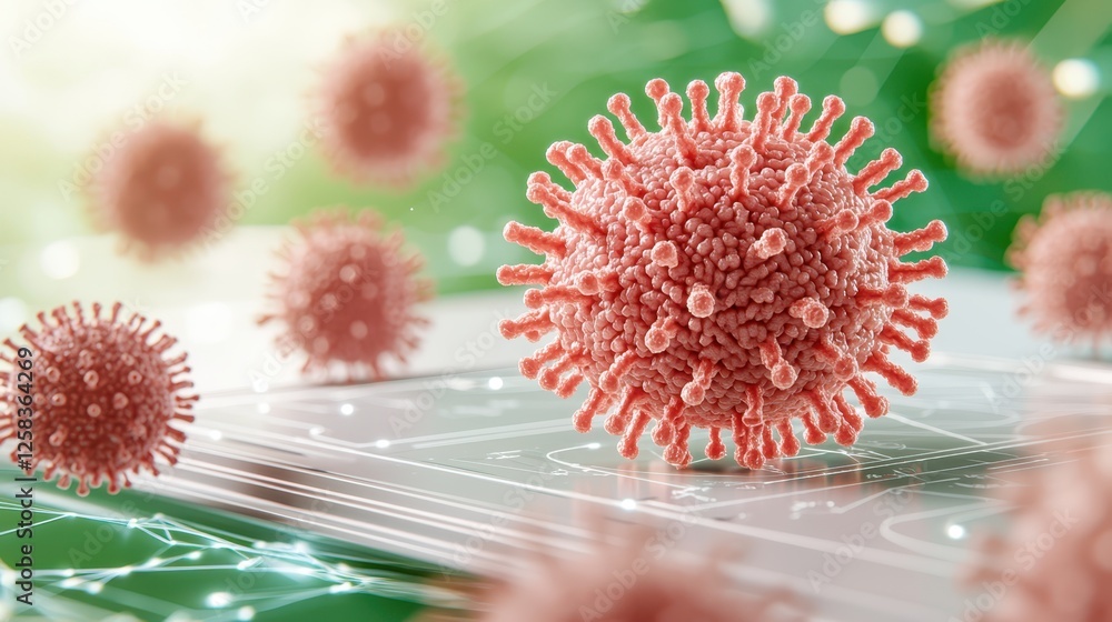 Poster close-up view of virus structure with scientific background in green color theme for health topics