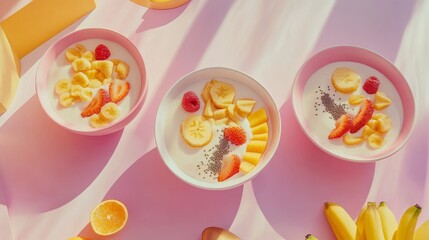 Refreshing Fruit Bowls with Yogurt and Colorful Garnishes