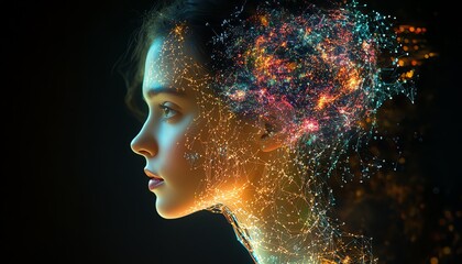 A profile of a woman with her brain mapped by intricate digital circuits, glowing and vibrant, symbolizing the connection between human thought and AI technology