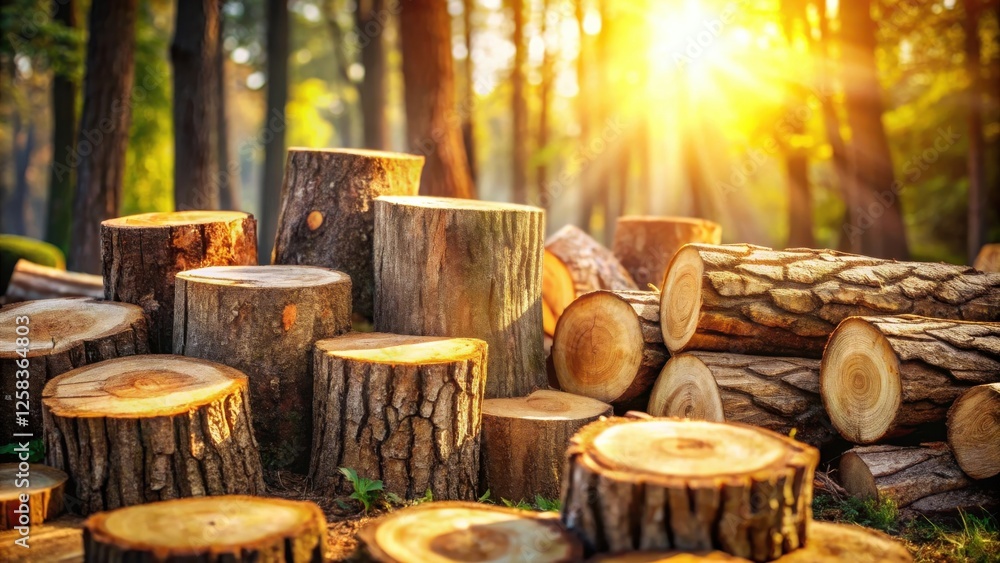 Aufkleber sunlit forest scene with stacked tree trunks and cut logs