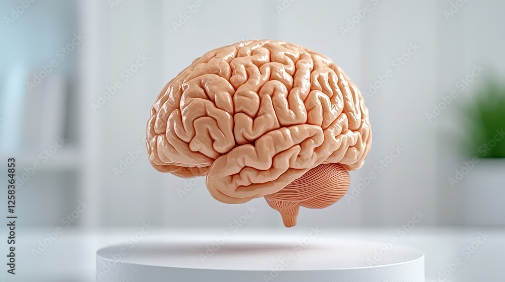 Poster detailed render of human brain model in soft lighting against a minimalistic background