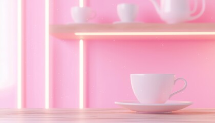 A cozy cafe with a pink neon sign, tiny teacups on wooden shelves, and fairy lights casting a warm glow in a pastel-colored room