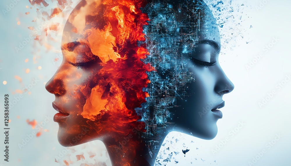 Poster a split screen of creative and analytical thinking, one side with colorful artistic designs and the 