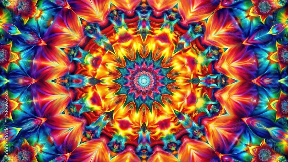 Poster vibrant kaleidoscopic mandala of interlocking floral patterns in a spectrum of warm and cool hues