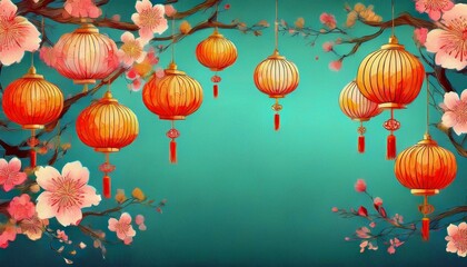 seamless frame border of pattern of elegant beautiful asian hanging lanterns with cherry blossoms background graphic resource