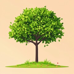 Lush Tree with Green Leaves Standing Tall on Green Grass Field Under Clear Sky Artistic Creation