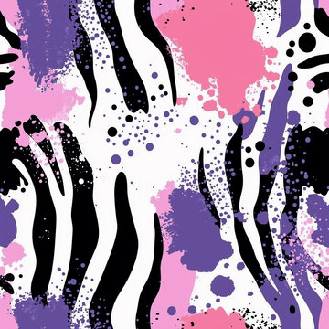 Vector seamless pattern with zebra stripes, dots, and splashes in pastel pink, purple, and black colors