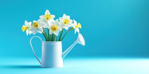 White watering can with a bunch of yellow and white flowers in it