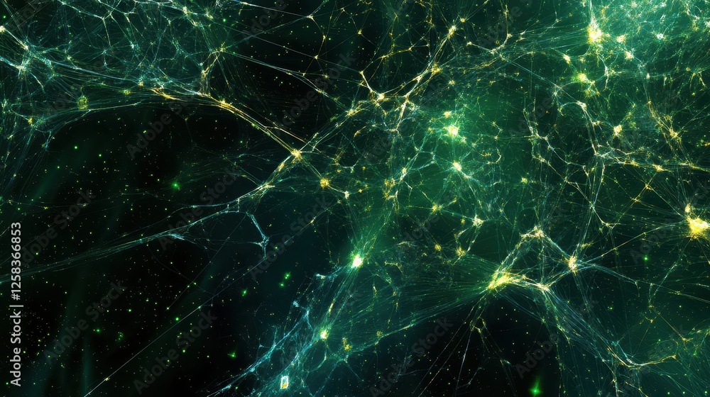 Poster celestial neural network, green galaxy web with glowing connection points