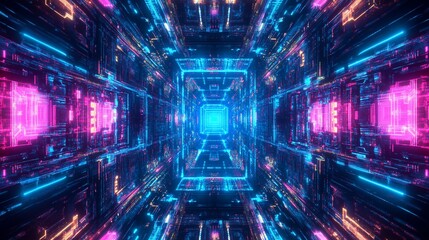 Obraz premium Abstract neon tunnel with vibrant pink, blue, and orange lights, creating a futuristic, technological atmosphere.