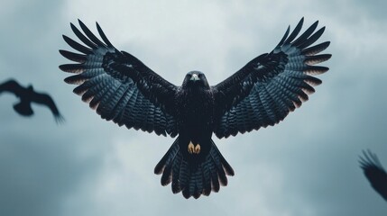 Obraz premium Majestic Black Bird Spreading Wings in Dramatic Sky Background