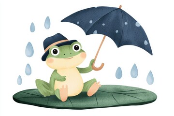 Obraz premium A cute frog sitting on a lily pad, wearing a tiny hat and holding an umbrella as gentle pastel-colored raindrops fall