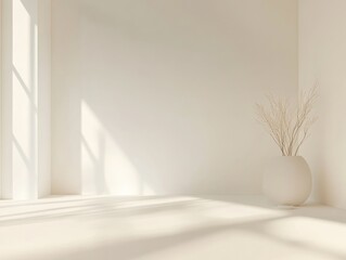 Minimalist Interior Corner with Light and Shadow Display Featuring Branches in a Decorative Pot