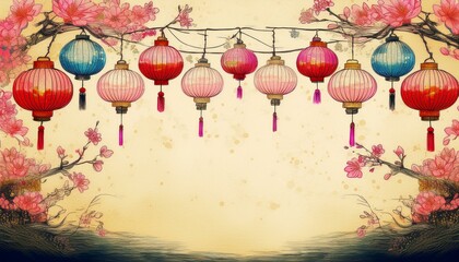 Obraz premium seamless frame border of pattern of elegant beautiful asian hanging lanterns with cherry blossoms background graphic resource