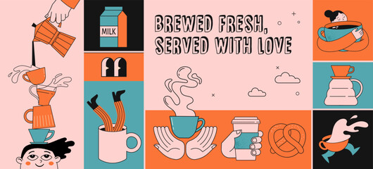 Coffee concept design. Collection of cards, posters, banners, story and post templates. Cafe and coffeeshop design. Concept illustrations of characters with coffee mugs. Modern minimalist flat art