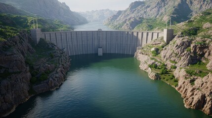 Fototapeta premium Stunning Aerial View of Large Concrete Dam Surrounded by Mountains