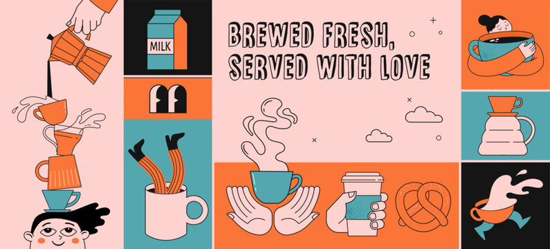 Naklejki Coffee concept design. Collection of cards, posters, banners, story and post templates. Cafe and coffeeshop design. Concept illustrations of characters with coffee mugs. Modern minimalist flat art