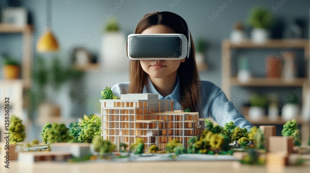 Poster asian woman architect using virtual reality technology for futuristic design and modeling in modern 